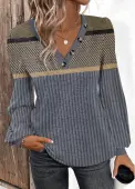 Modlily Dark Blue Patchwork Geometric Print Long Sleeve T Shirt - M
