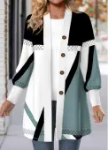 Modlily Multi Color Button Geometric Print Long Sleeve Coat - L