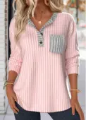 Modlily Light Pink Button Long Sleeve Split Neck Sweatshirt - L