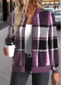 Modlily Purple Zipper Plaid Long Sleeve Stand Collar Jacket - XL