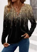 Modlily Gold Ombre Long Sleeve V Neck T Shirt - L