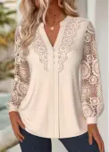 Modlily Beige Embroidery Long Sleeve Split Neck Blouse - L