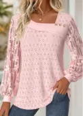 Modlily Light Pink Lace Long Sleeve Asymmetrical Neck T Shirt - XL