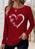 Modlily Red Patchwork Heart Print Long Sleeve T Shirt - XXL