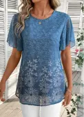 Modlily Dusty Blue Lightweight Floral Print Short Sleeve T Shirt - L