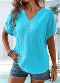 Modlily Blue Button Short Sleeve Split Neck T Shirt - XL
