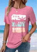 Modlily Pink Tropical Plants Print Short Sleeve T Shirt - XL