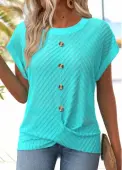 Modlily Cyan Button Short Sleeve Round Neck T Shirt - L