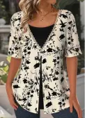 Modlily Light Camel Lace Floral Print Fake Two Piece Twinset - S