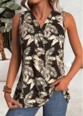 Modlily Black Tropical Plants Print Sleeveless V Neck Tank Top - XL