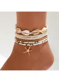 Modlily Golden Starfish Shell Seed Beads Anklet Set - One Size