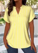 Modlily Light Yellow Striped Short Sleeve Split Neck Blouse - XL