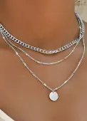 Modlily Silver Round Layered Design Metal Necklace - One Size