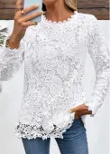 Modlily White Embroidery Long Sleeve Round Neck T Shirt - XL