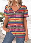 Modlily Multi Color Button Tribal Print Short Sleeve T Shirt - S