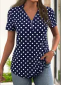 Modlily Navy Zipper Polka Dot Short Sleeve T Shirt - XL