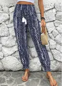 Modlily Navy Smocked Geometric Print Jogger Elastic Waist Pants - M