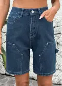 Modlily Denim Blue Button High Waisted Shorts - L