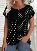 Modlily Black Patchwork Polka Dot Short Sleeve T Shirt - S