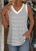 Modlily White Striped Sleeveless V Neck Tank Top - S