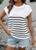Modlily White Striped Short Sleeve Round Neck T Shirt - XL
