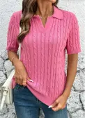 Modlily Hot Pink Short Sleeve Turn Down Collar Blouse - S