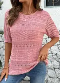 Modlily Pink Round Neck Short Sleeve Crochet Ladies Top - M