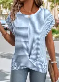 Modlily Light Blue Cross Hem Striped Short Sleeve T Shirt - M