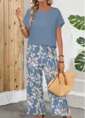 Modlily Blue Lightweight Floral Print Short Sleeve Top and Pants - L