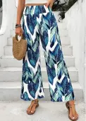 Modlily Peacock Blue Leaf Print Wide Leg Elastic Waist Pants - L