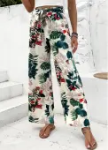 Modlily Blackish Green Plants Print Wide Leg Elastic Waist Pants - S