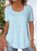 Modlily Light Blue Jacquard Short Sleeve Heart Collar T Shirt - XL