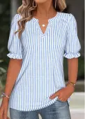 Modlily Blue Split Striped Short Sleeve Blouse - M