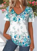 Modlily Cyan Floral Print Short Sleeve V Neck T Shirt - XXL