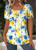 Modlily Blue Floral Print Short Sleeve Square Neck T Shirt - XL