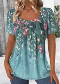 Modlily Green Floral Print Short Sleeve Square Neck T Shirt - L