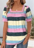 Modlily Multi Color Striped Short Sleeve Square Neck T Shirt - S