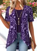 Modlily Purple Floral Print Short Sleeve Fake Two Piece Twinset - S
