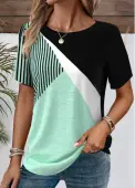 Modlily Black Patchwork Geometric Print Short Sleeve T Shirt - S