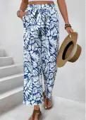 Modlily Navy Leaf Print Straight Leg Elastic Waist Pants - L