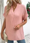 Modlily Dusty Pink Short Sleeve Split Neck Blouse - L