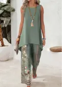 Modlily Sage Green Tribal Print Long Sleeveless Top and Pants - M