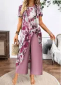Modlily Dusty Purple Two Piece Floral Print Half Sleeve Top - L