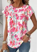 Modlily Hot Pink Floral Print Short Sleeve Round Neck Blouse - XXL