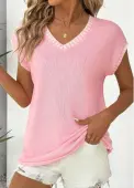Modlily Pink Short Sleeve V Neck T Shirt - S