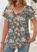 Modlily Multi Color Floral Print Short Sleeve V Neck Blouse - L