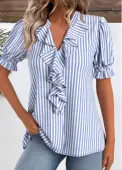 Modlily Blue Striped Short Sleeve V Neck Blouse - S