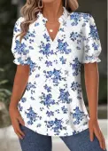 Modlily White Floral Print Short Sleeve Split Neck Blouse - S