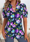 Modlily Dark Blue Random Floral Print Short Sleeve Blouse - M