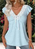 Modlily Light Blue Short Sleeve V Neck Blouse - XL